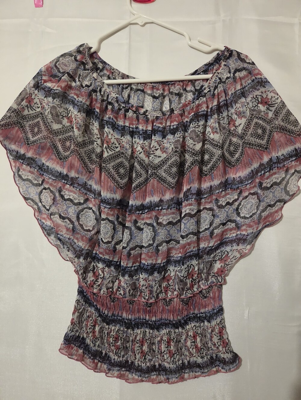 Boho Off-Shoulder Printed Top in Pink and Blue. L